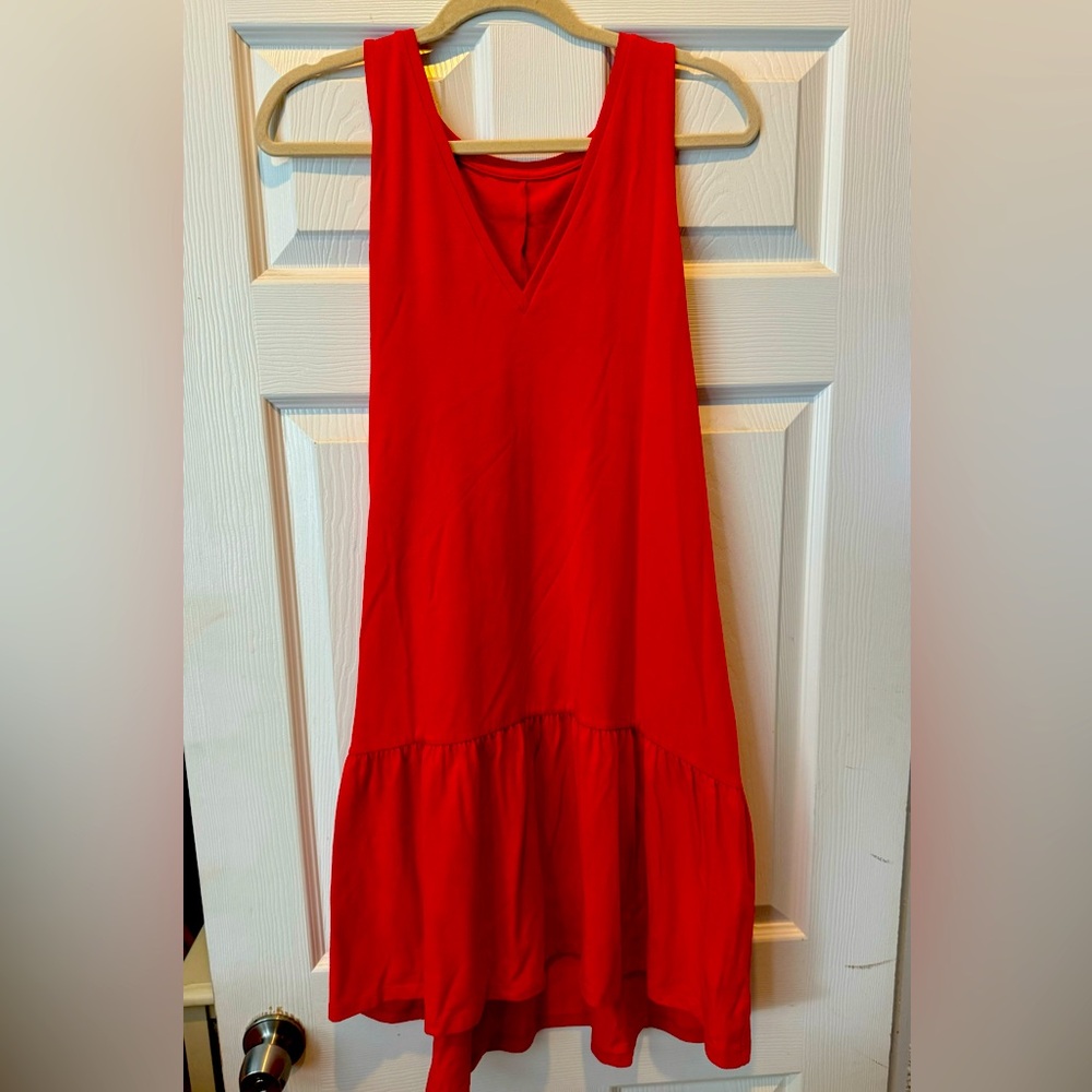 A New Day red v-neck sleeveless ruffle hem midi dress .